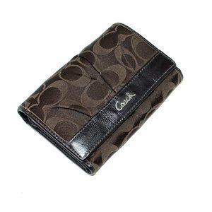 Coach Brown Signature and Leather Bi-Fold Wallet Purple Lining